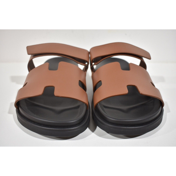 Hermes Chypre Sandal Men Black Brown Leather H Logo Slide Slip On Flat 44.5 11.5 - Picture 5 of 12